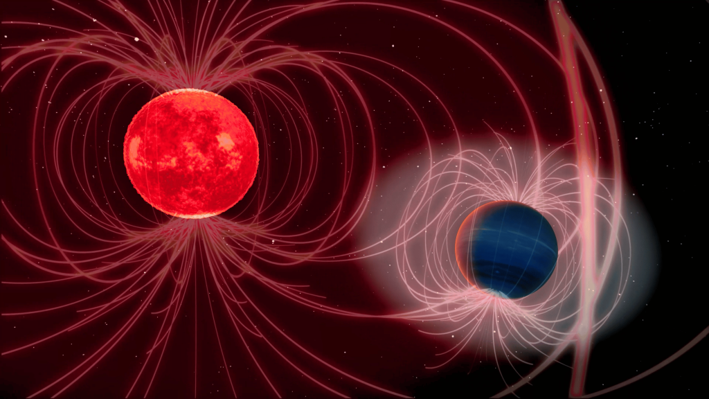 Artistic representation of the star–exoplanet interaction between GJ 436 and GJ 436 b. Credit: IAA-CSIC/LampScience